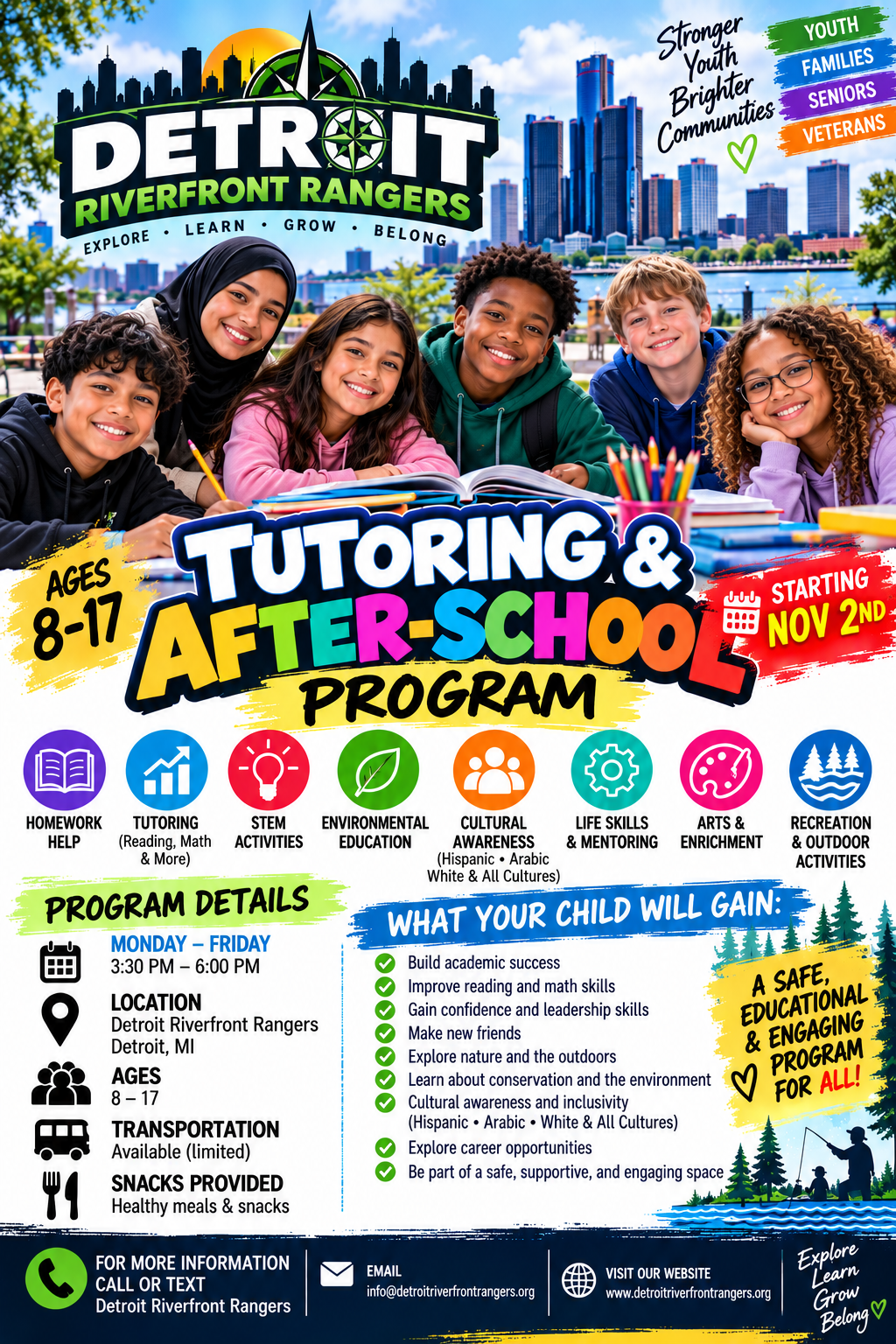 Detroit Riverfront Rangers Tutoring and After-School Program flyer: ages 8 to 17, starting November 2nd, Monday to Friday 3:30 to 6:00 PM, with homework help, tutoring, STEM, arts, mentoring, outdoor activities, and healthy snacks