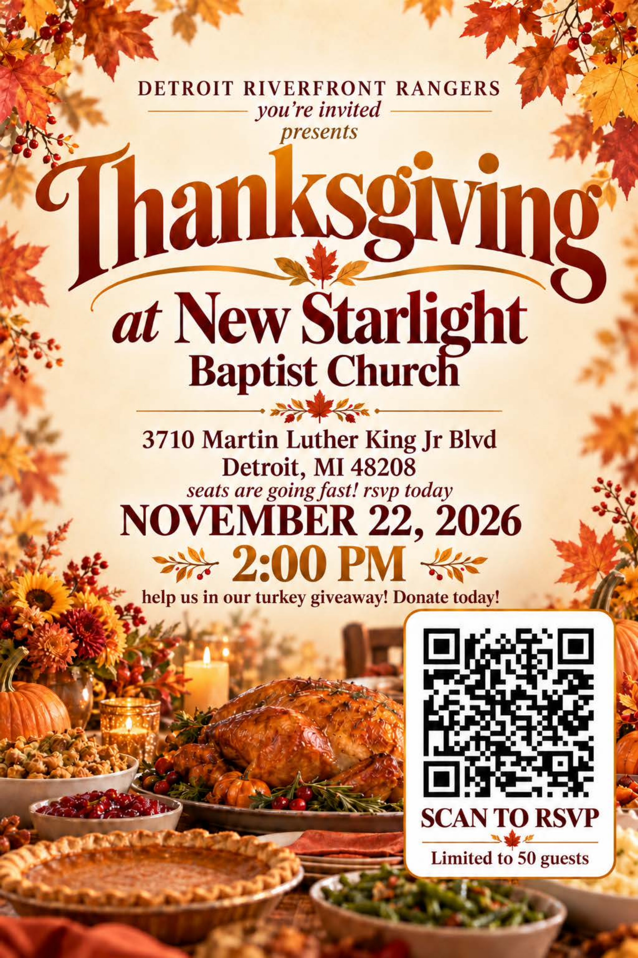 Detroit Riverfront Rangers Thanksgiving dinner flyer: November 22, 2026 at 2:00 PM, New Starlight Baptist Church, 3710 Martin Luther King Jr Blvd, Detroit. Seats limited to 50 guests, scan to RSVP.