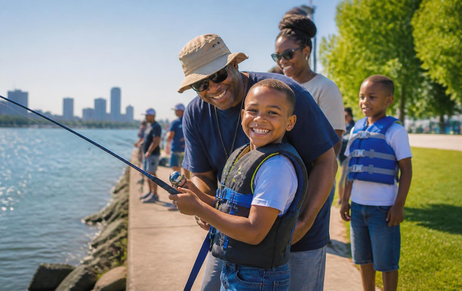 A child fishing with family and volunteers at the Detroit riverfront