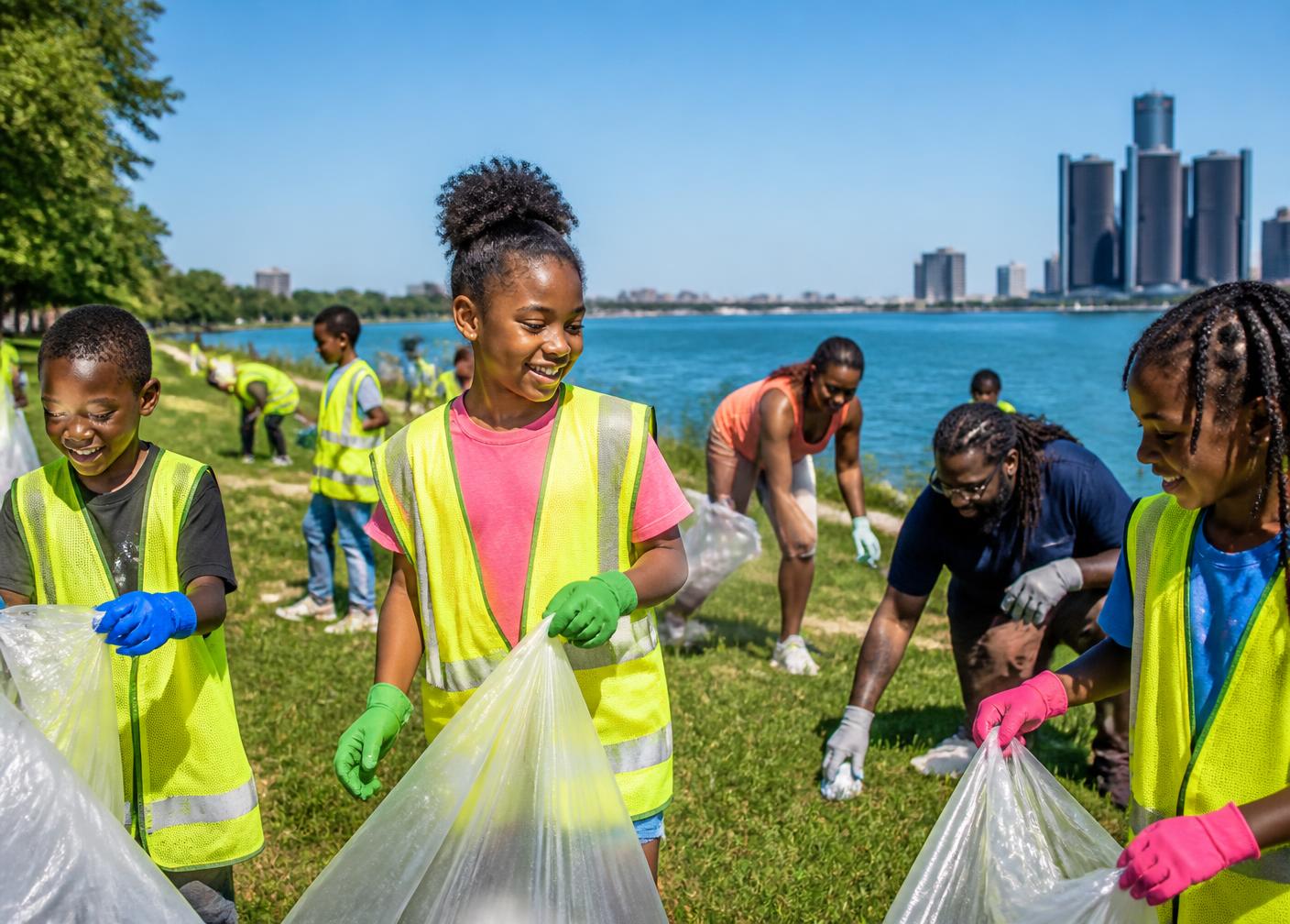 Detroit youth working together on a riverfront park cleanup
